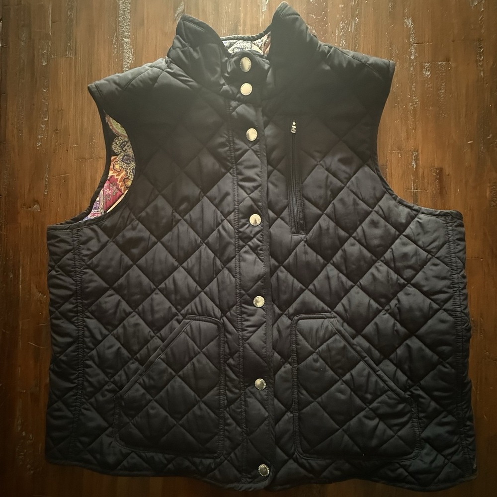 Lauren‎ Ralph Lauren Quilted Vest Black Paisley Lining Snap Front Womens XL